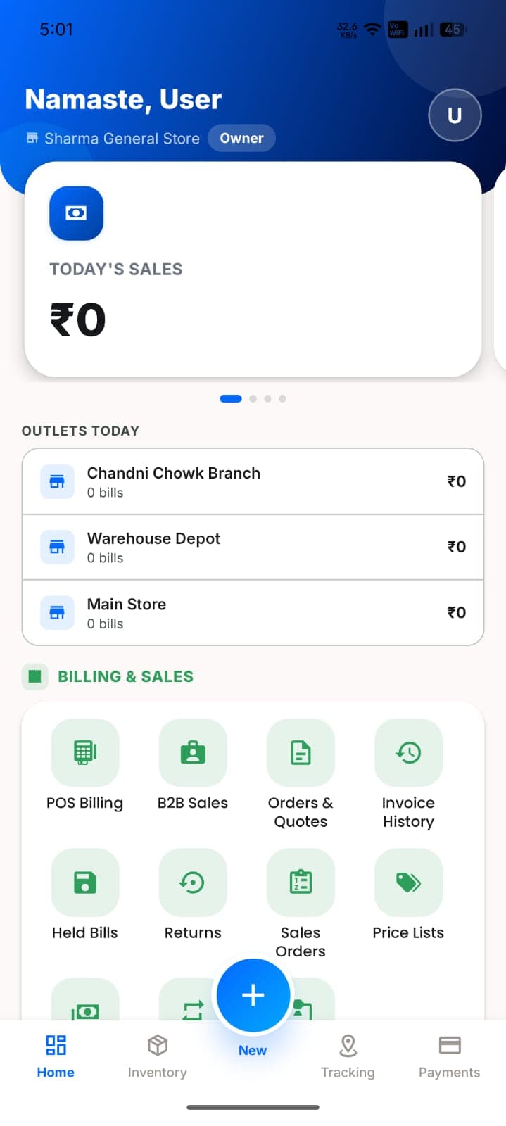 managemycounter mobile app home screen — today's sales, outlets, and billing & sales shortcuts