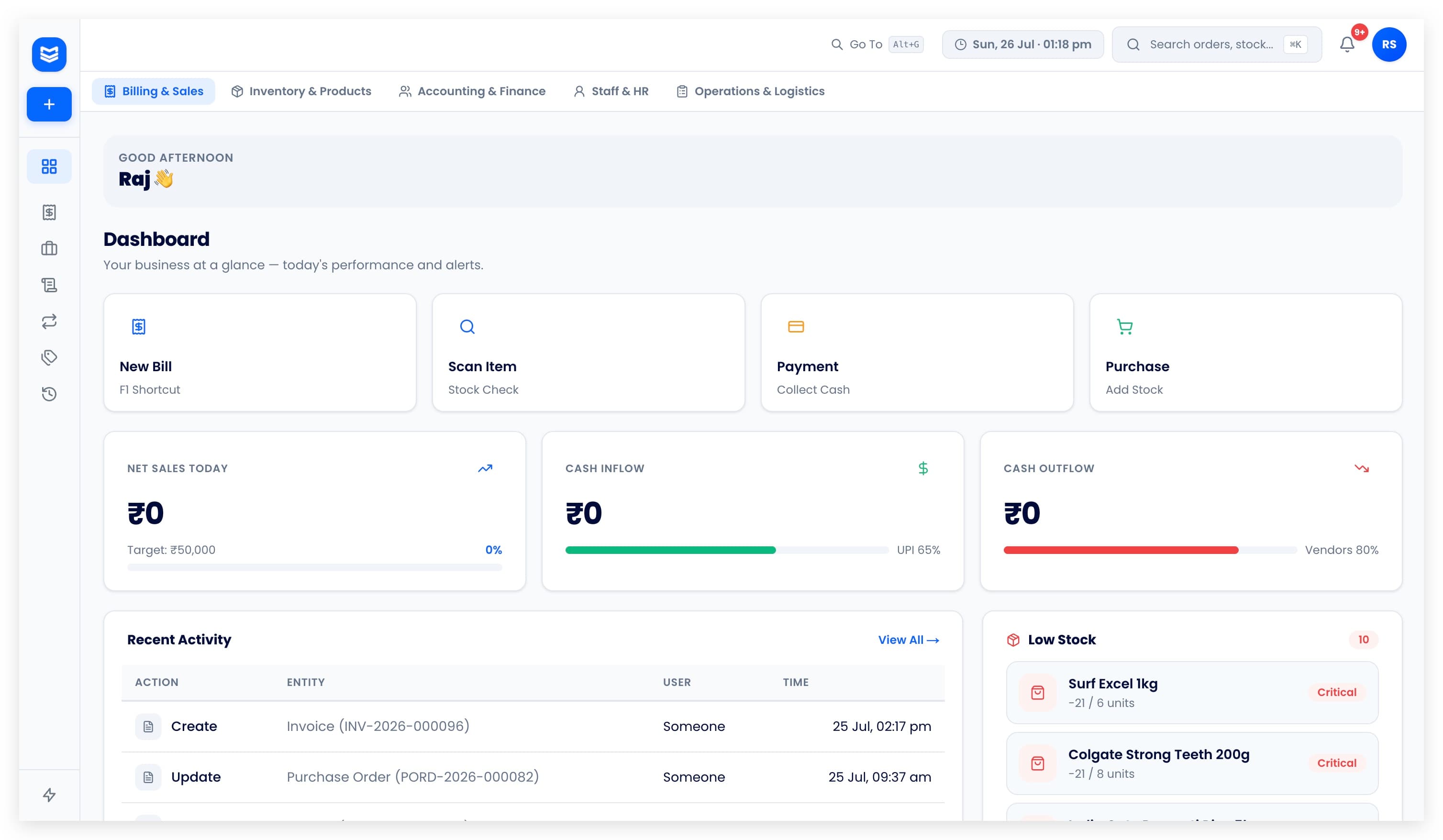 managemycounter web dashboard — sales, cash flow, low stock alerts, and recent activity at a glance